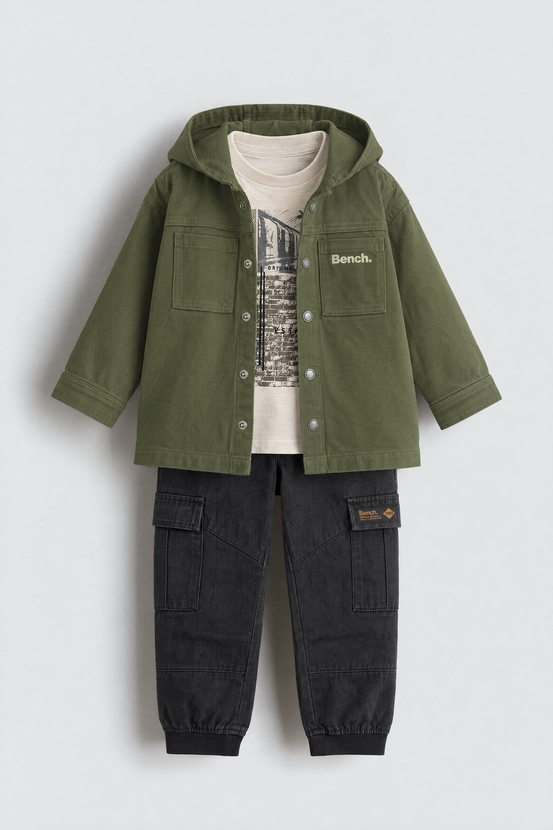 PTex Fashion boys' 3-piece set flat lay: khaki green hooded twill overshirt, stone graphic tee and black cargo joggers