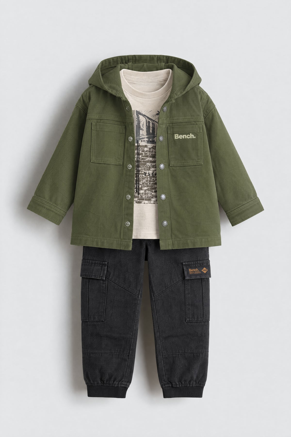 PTex Fashion boys' 3-piece set flat lay: khaki green hooded twill overshirt, stone graphic tee and black cargo joggers