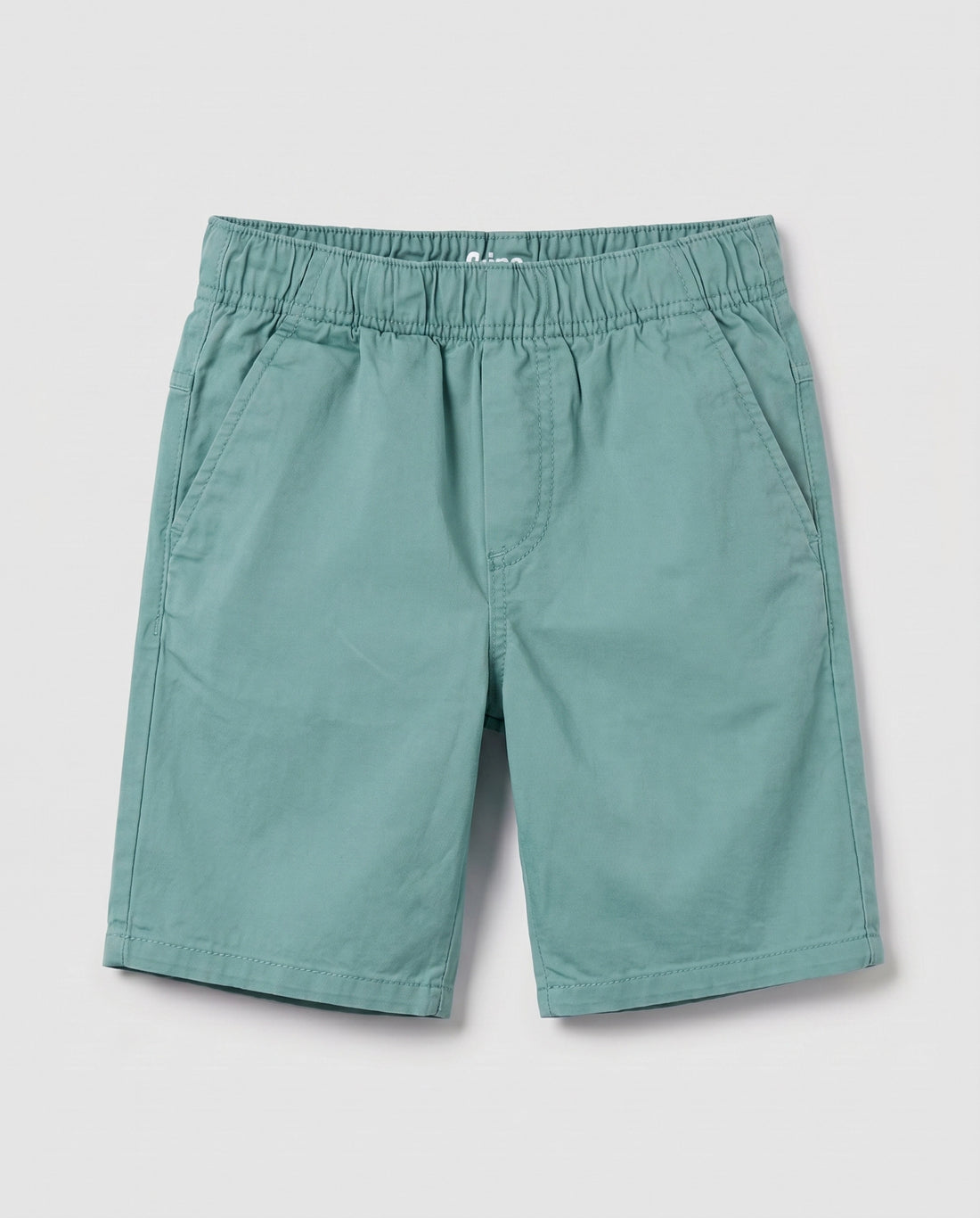 Boys' sage green pull-on chino shorts, flat lay front view showing relaxed straight-leg fit, elasticated waistband, and side pockets