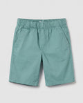 Boys' sage green pull-on chino shorts, flat lay front view showing relaxed straight-leg fit, elasticated waistband, and side pockets