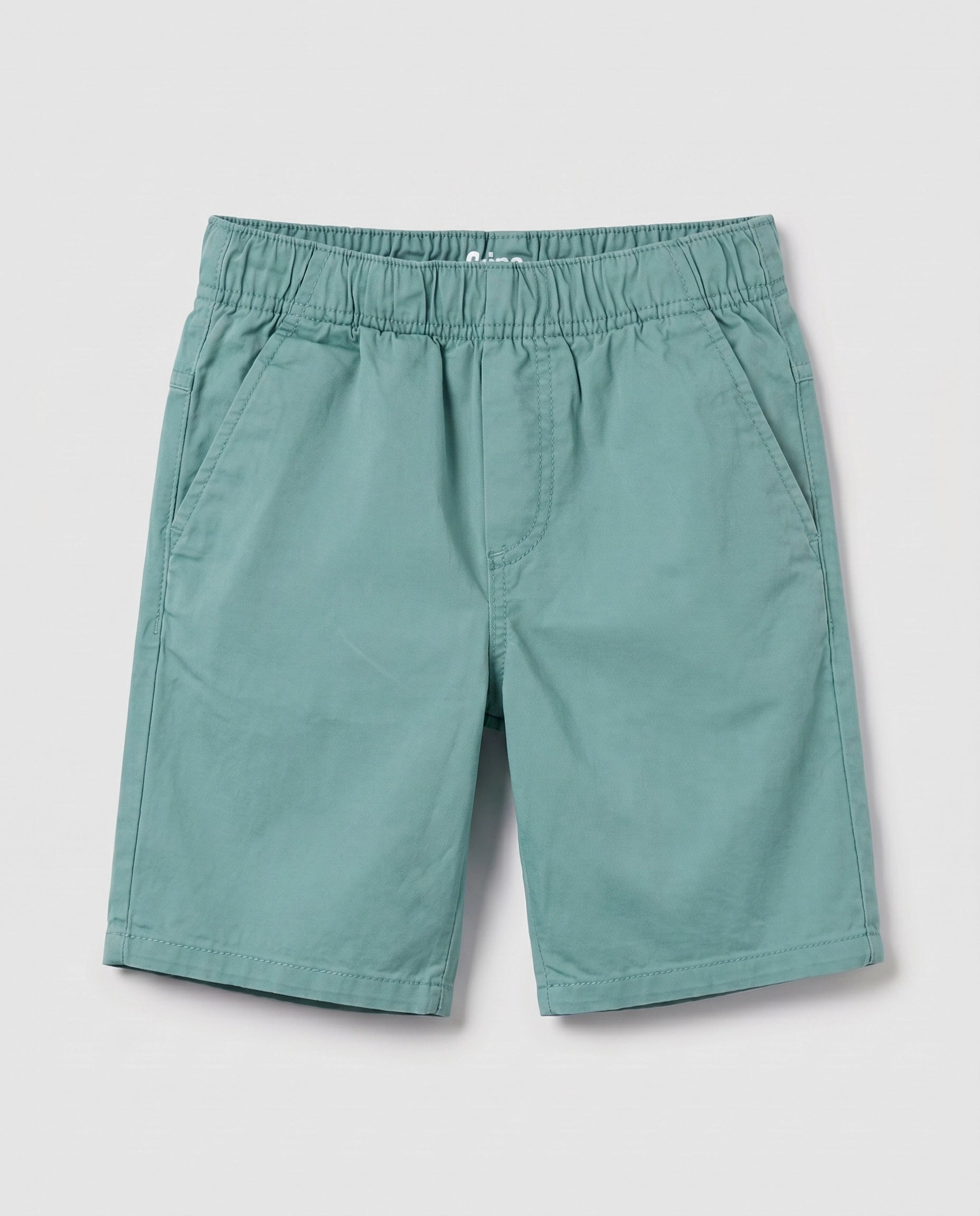Boys' sage green pull-on chino shorts, flat lay front view showing relaxed straight-leg fit, elasticated waistband, and side pockets