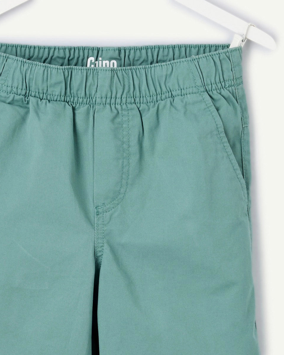Boys' sage green pull-on chino shorts, flat lay front view showing relaxed straight-leg fit, elasticated waistband, and side pockets