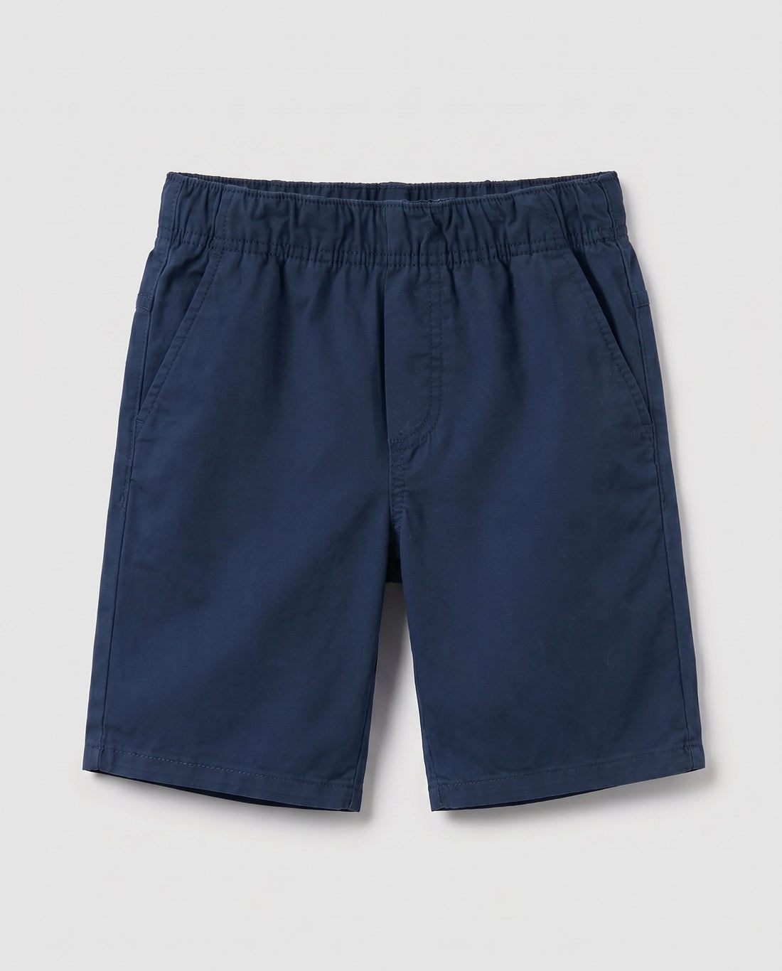 Boys' navy blue pull-on chino shorts, flat lay front view showing fully elasticated waistband, slant side pockets, and relaxed straight-leg fit