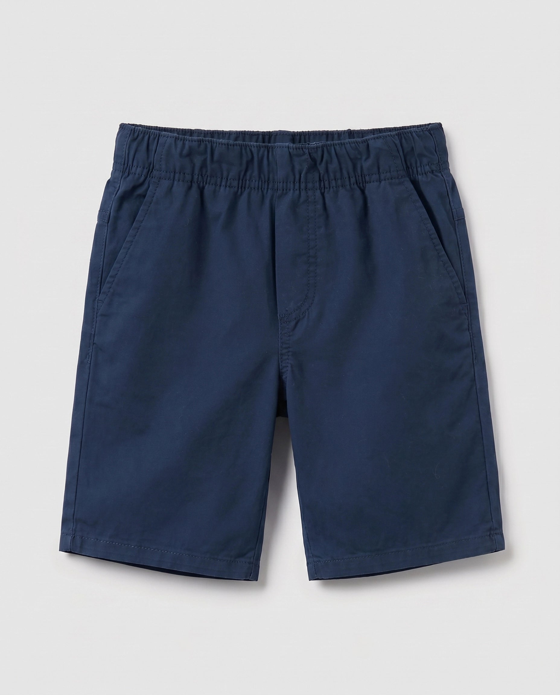 Boys' navy blue pull-on chino shorts, flat lay front view showing fully elasticated waistband, slant side pockets, and relaxed straight-leg fit