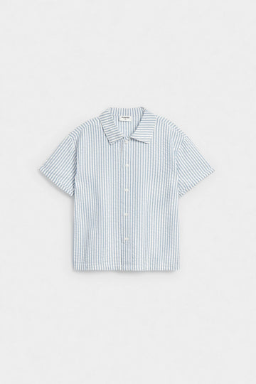 PTex Fashion boys' short sleeve striped seersucker shirt, full front flat lay