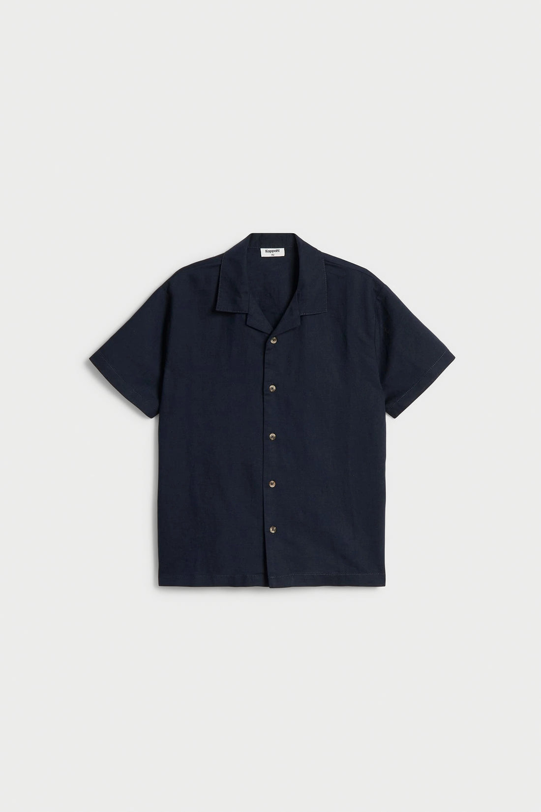 Boys navy linen blend half sleeve shirt with open collar, short sleeves and button-front design.