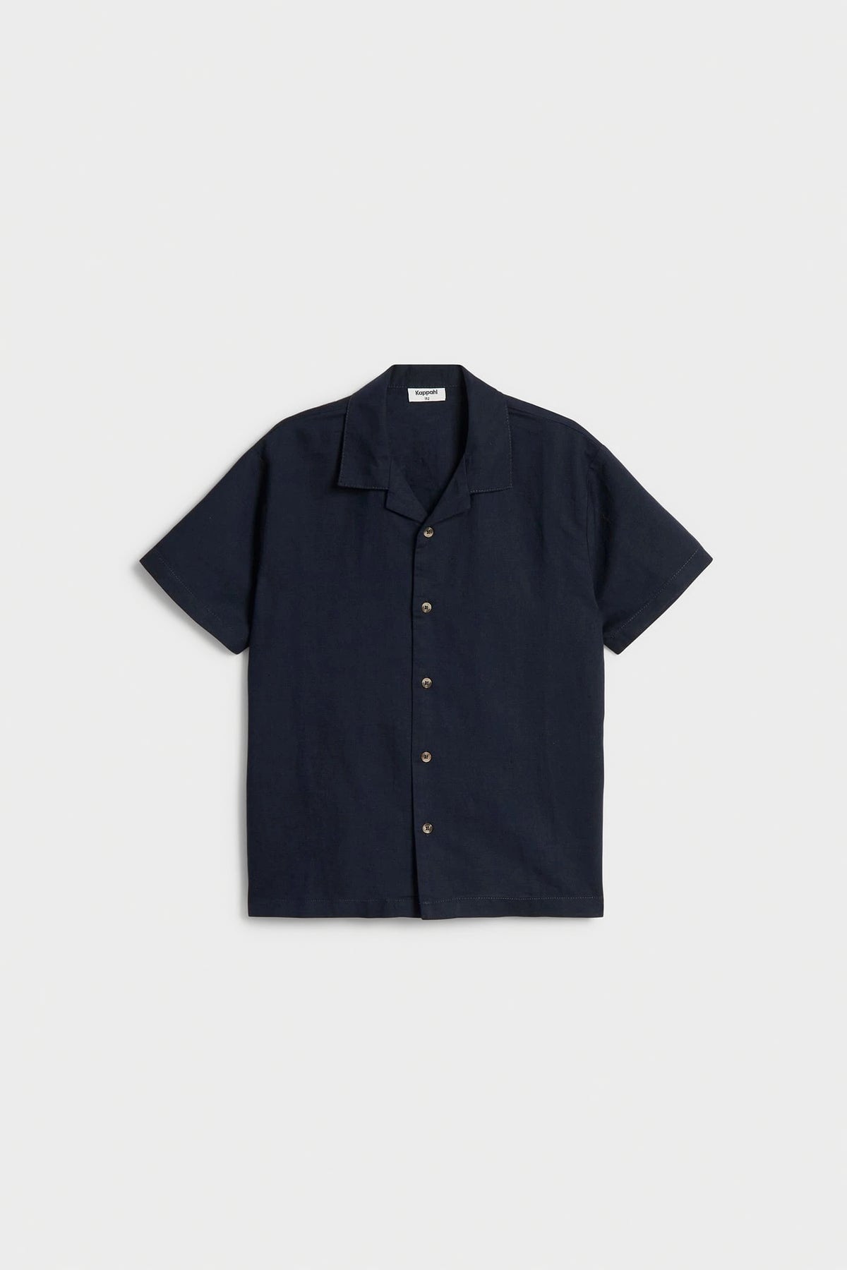 Boys navy linen blend half sleeve shirt with open collar, short sleeves and button-front design.