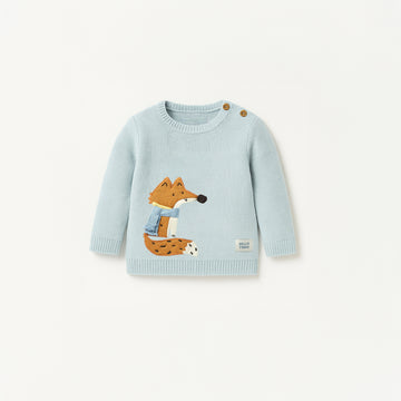Baby Blue Fox Embroidered Knit Sweater