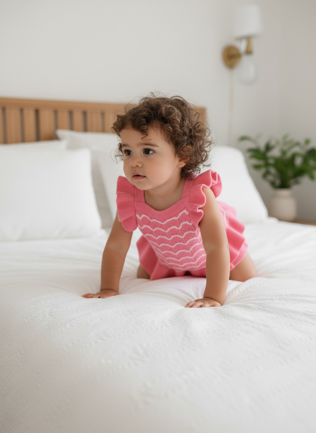 Pink knit outfit with top and shorts on a light gray background