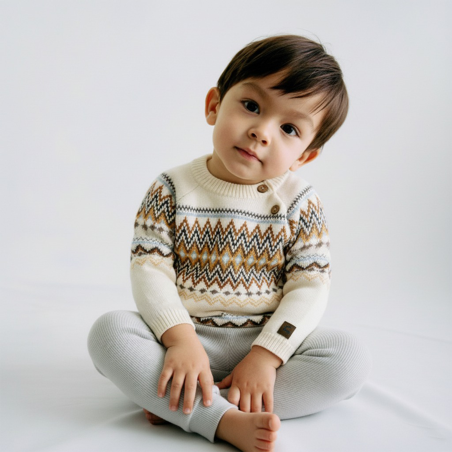 Child wearing a patterned sweater and light gray pants on a white background