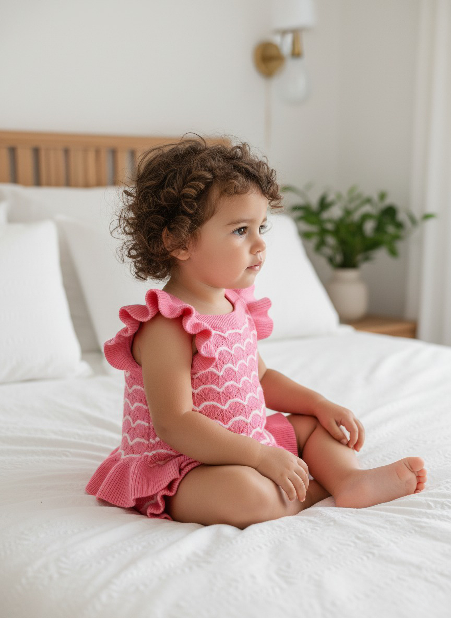 Child wearing a pink outfit sitting on a bed in a bedroom.