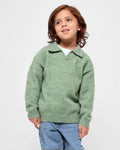 Child wearing a sage green sweater with a collar on a white background