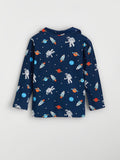 Children's navy hoodie with space-themed print on a light gray background