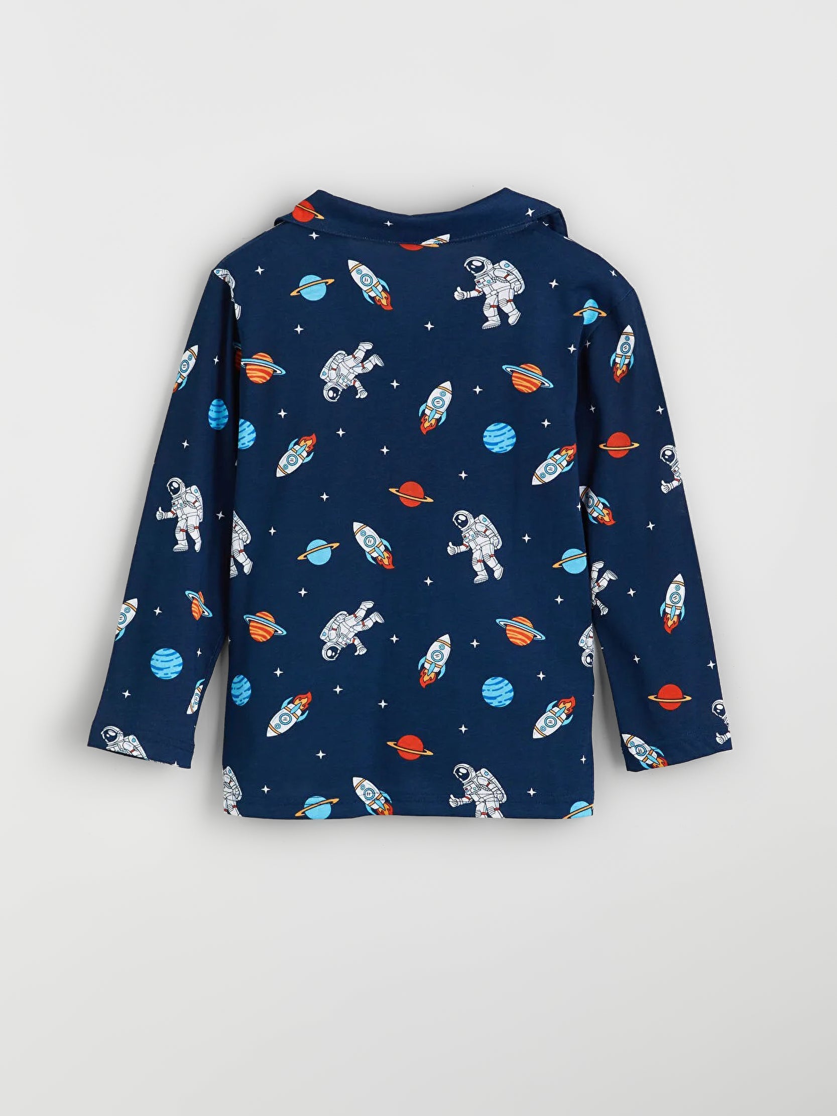 Children's navy hoodie with space-themed print on a light gray background