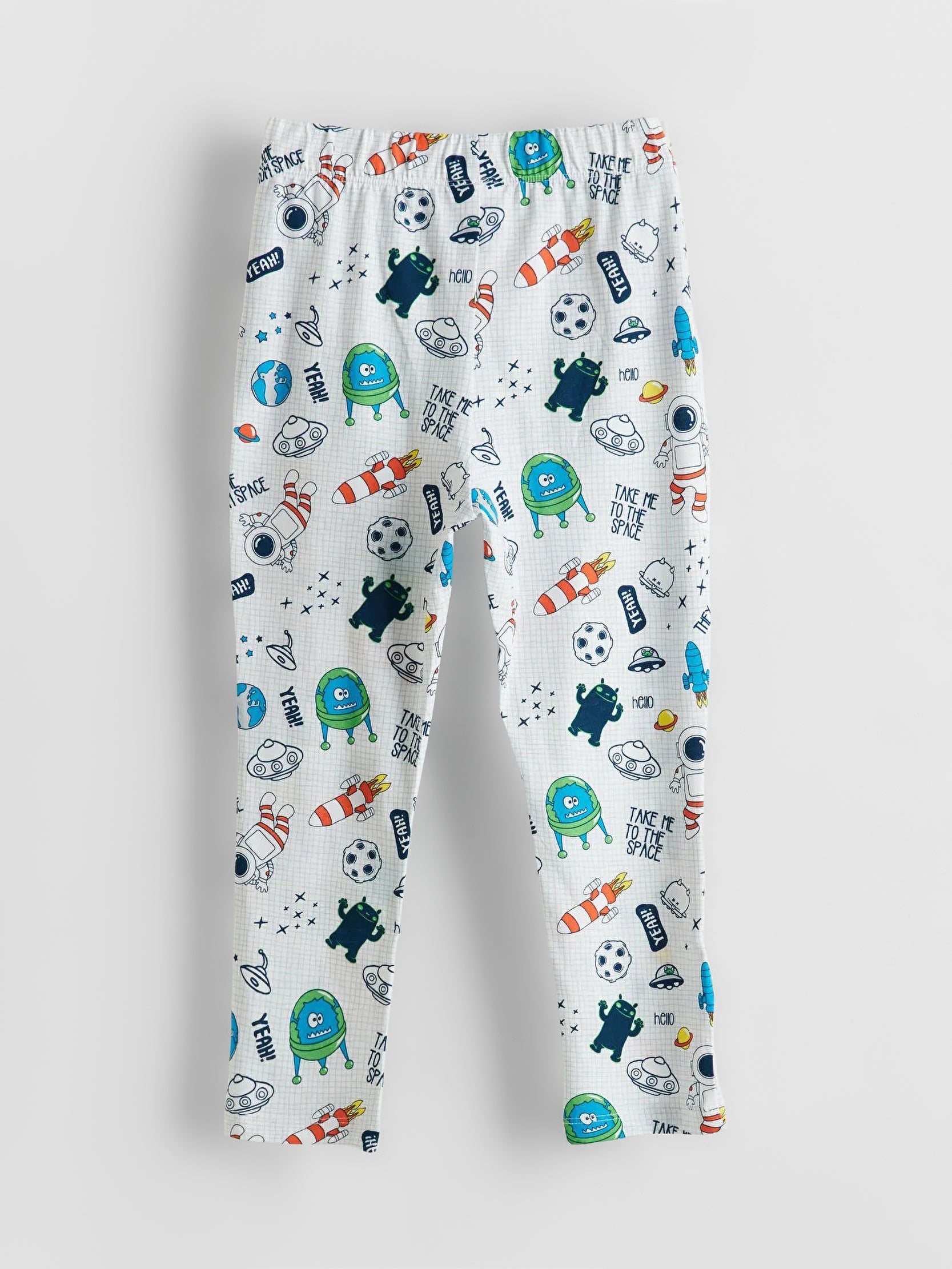 Children's pajama pants with colorful monster pattern on a white background