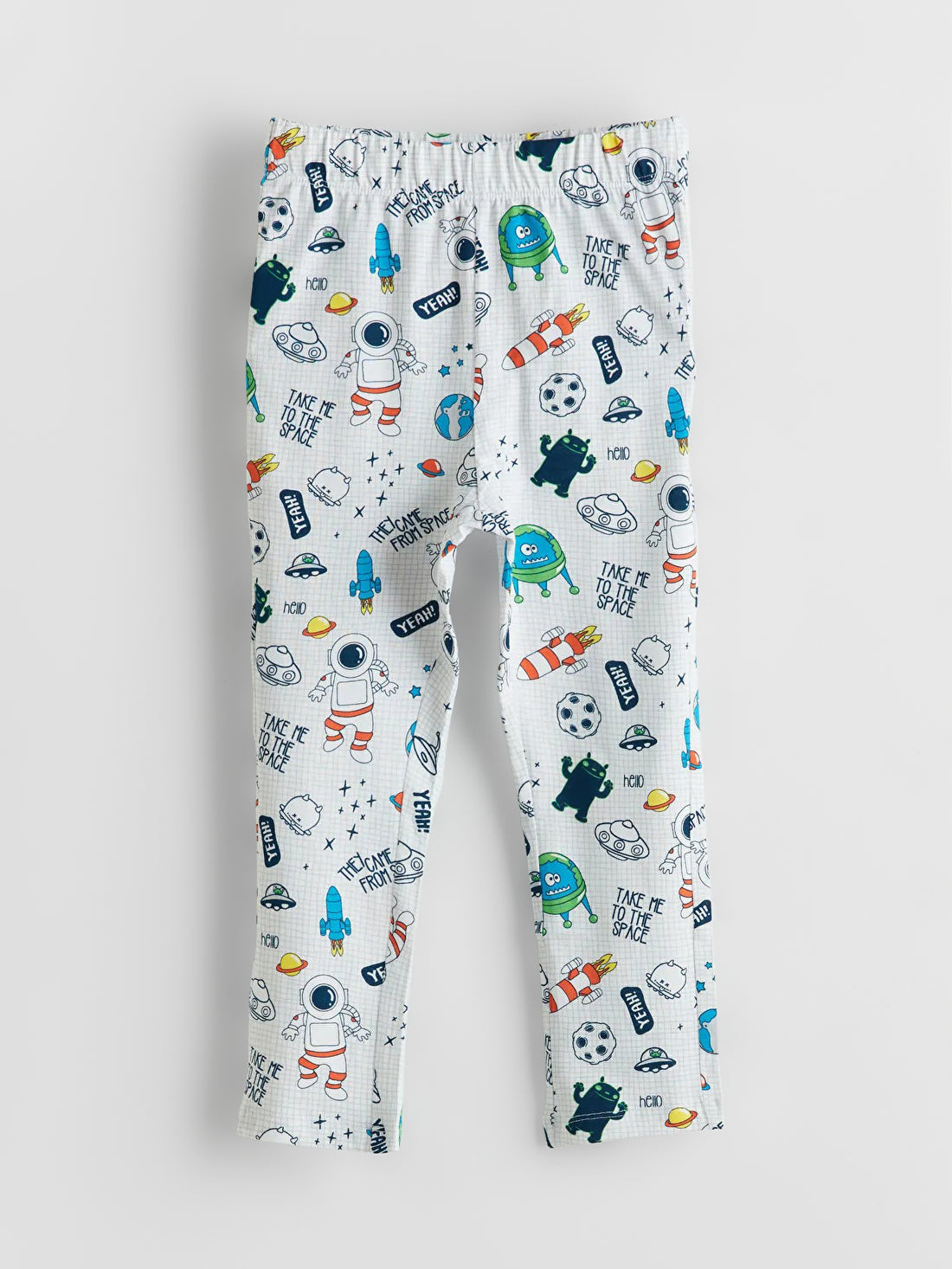 Children's pajama pants with colorful space-themed print on a white background