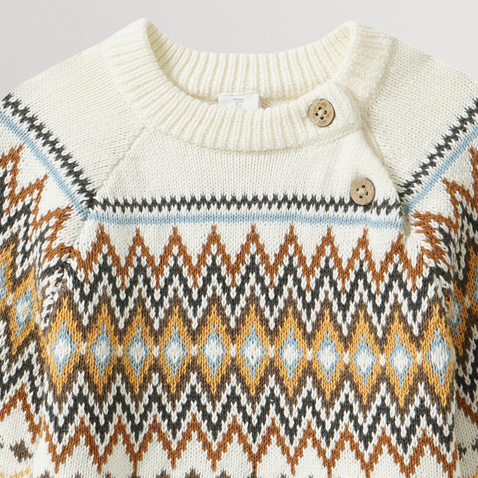 Close-up of a cream-colored sweater with a patterned design on a light gray background