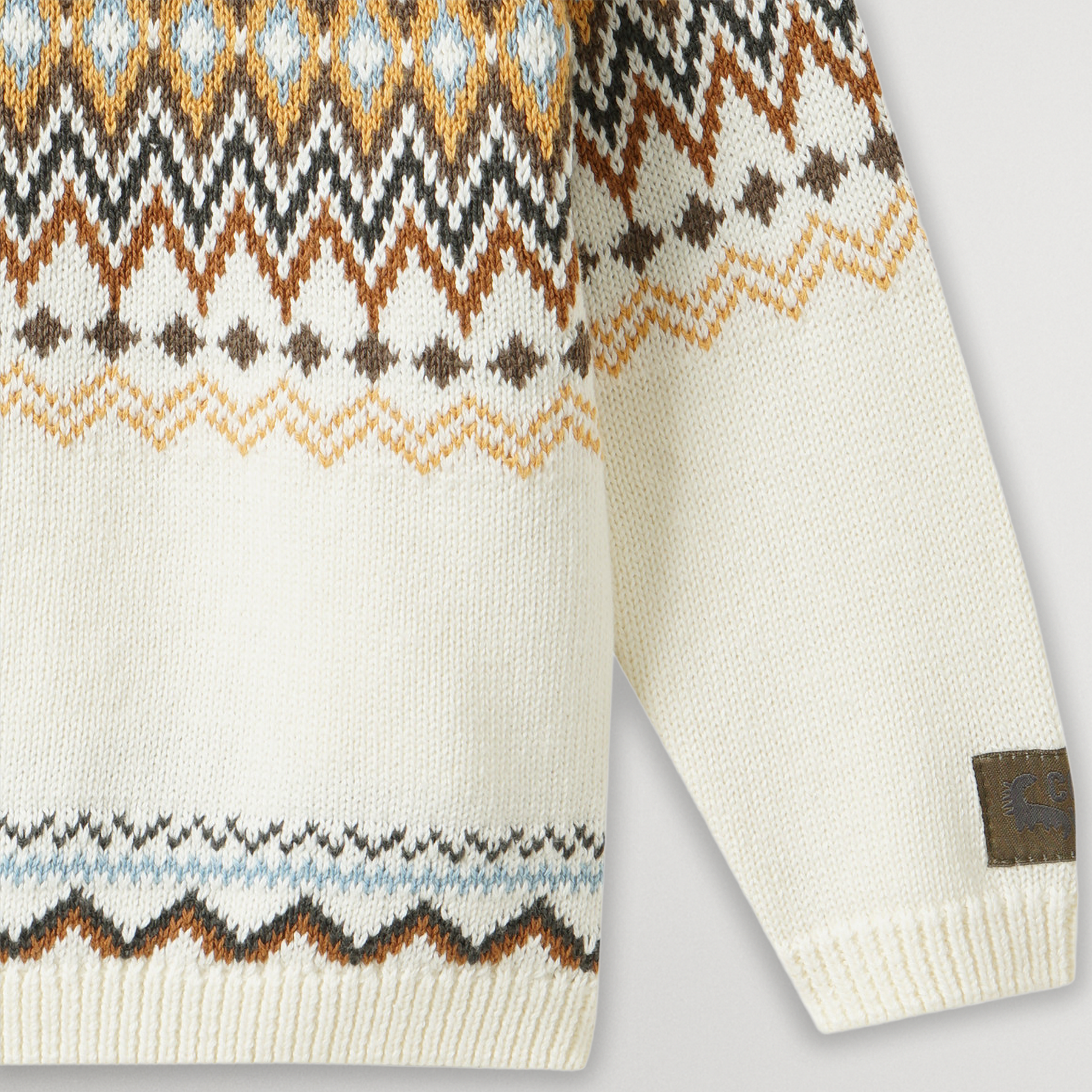 Close-up of a sweater with a patterned design on a light gray background