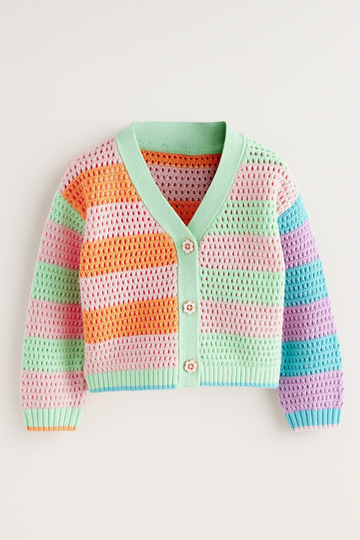Colorful crocheted cardigan on a light gray background