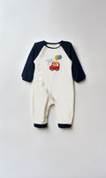 Cotton Fabric baby rompers with round neck and navy blue raglan sleeve