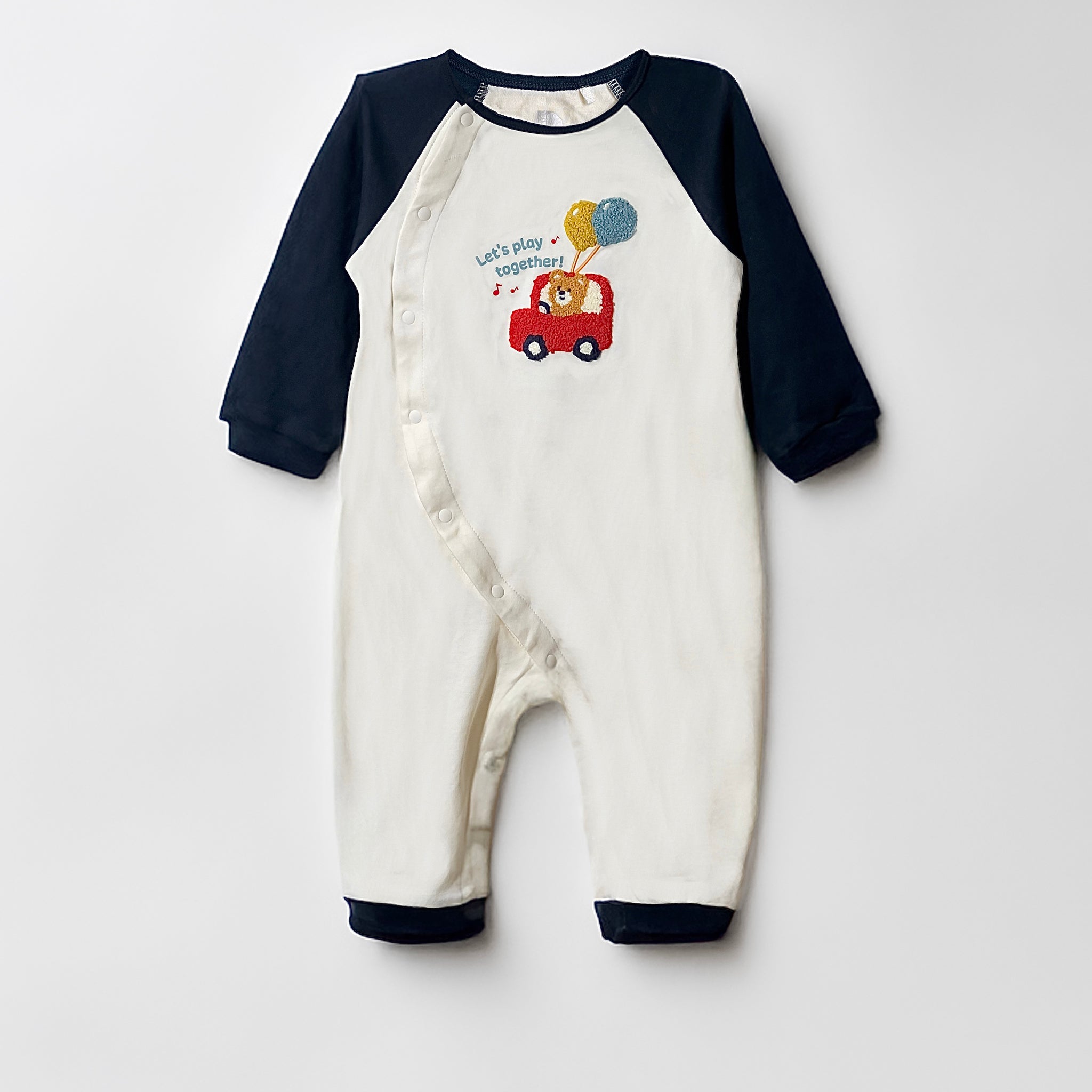 Organic Cotton Toddler Romper | Cuffed Edge, Side Button, Off White with Navy Blue Raglan Sleeve