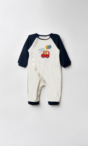 Organic Cotton Toddler Romper | Cuffed Edge, Side Button, Off White with Navy Blue Raglan Sleeve