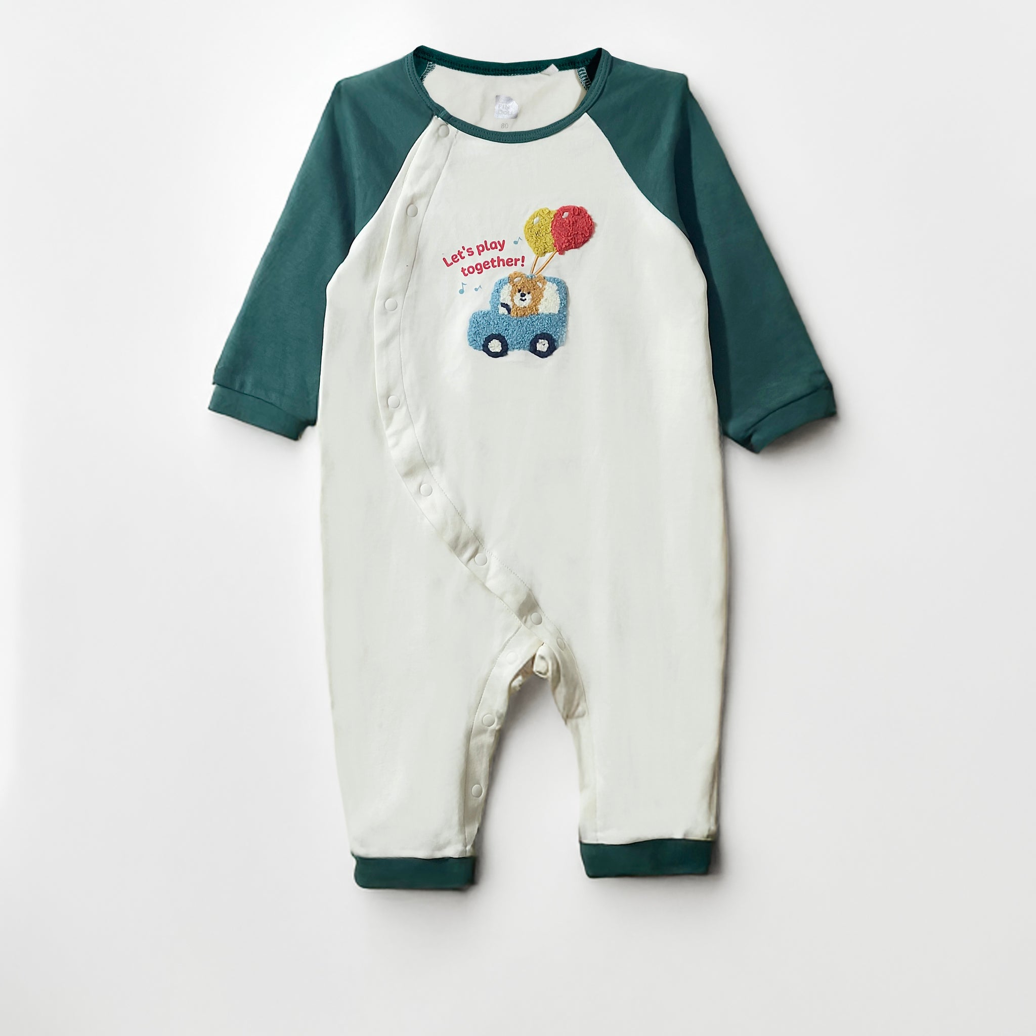 Organic Cotton Toddler Romper | Cuffed Edge, Side Button, Off White with Green Raglan Sleeve