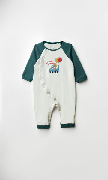 Organic Cotton Toddler Romper | Cuffed Edge, Side Button, Off White with Green Raglan Sleeve