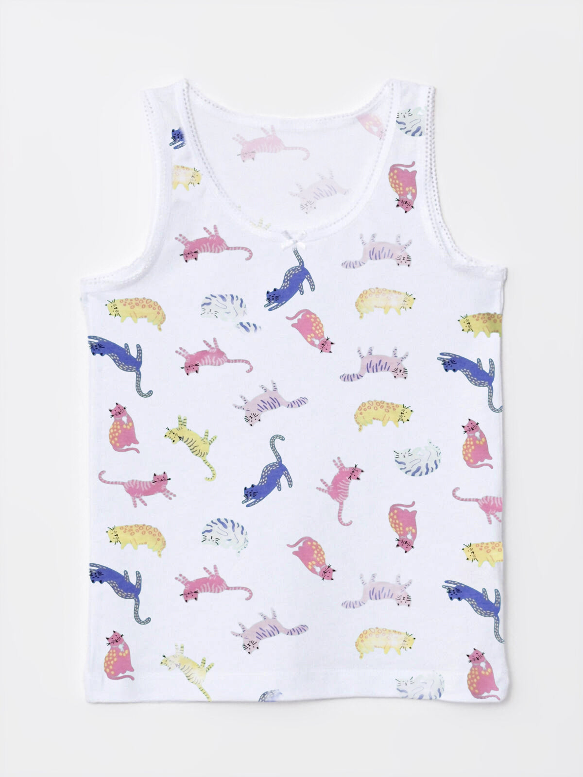 Cotton Sleeveless Girl's Vest Top | White cat Print