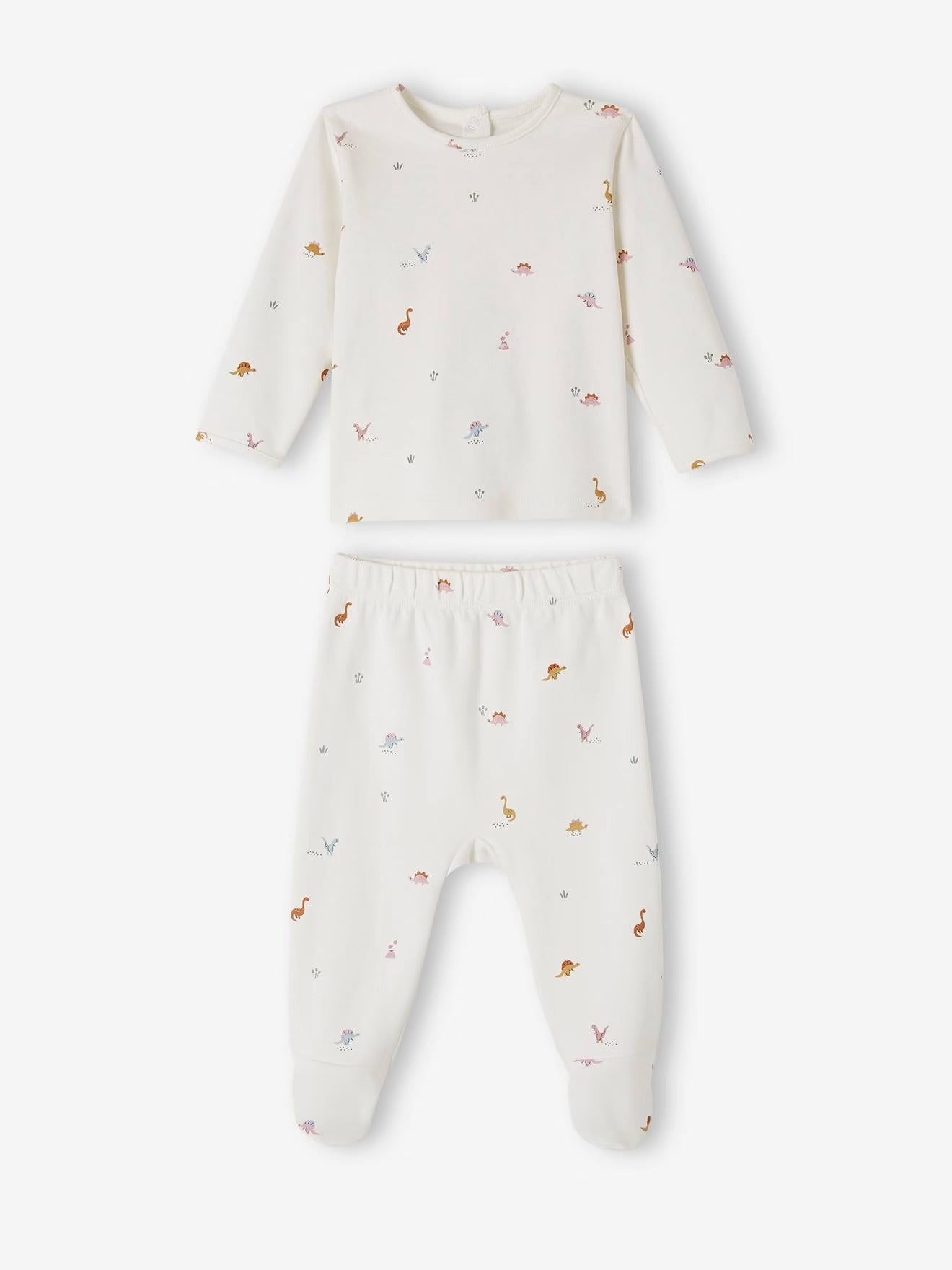 Baby pajama romper set with long-sleeve top and pants on a white background