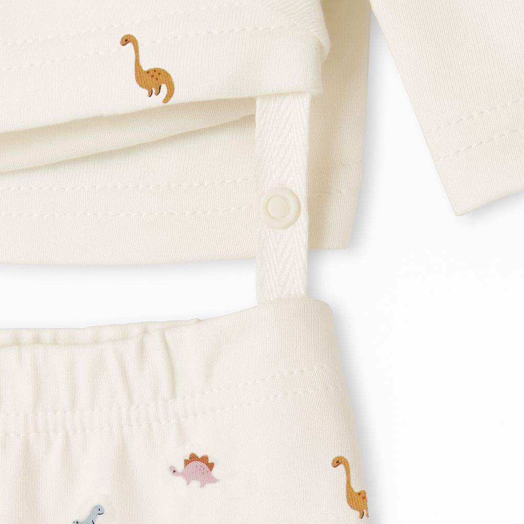 Baby outfit with embroidered animals on a white background