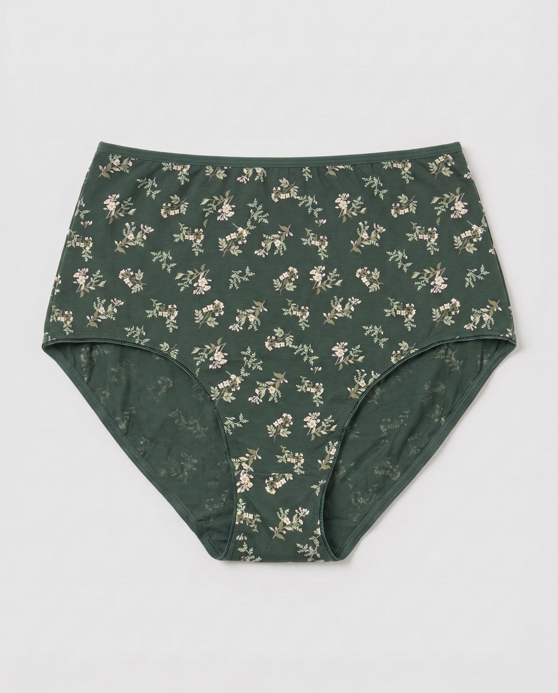 Women's 5-pack cotton hipster briefs flat lay in sage green, blush pink, taupe, white floral, and green floral
