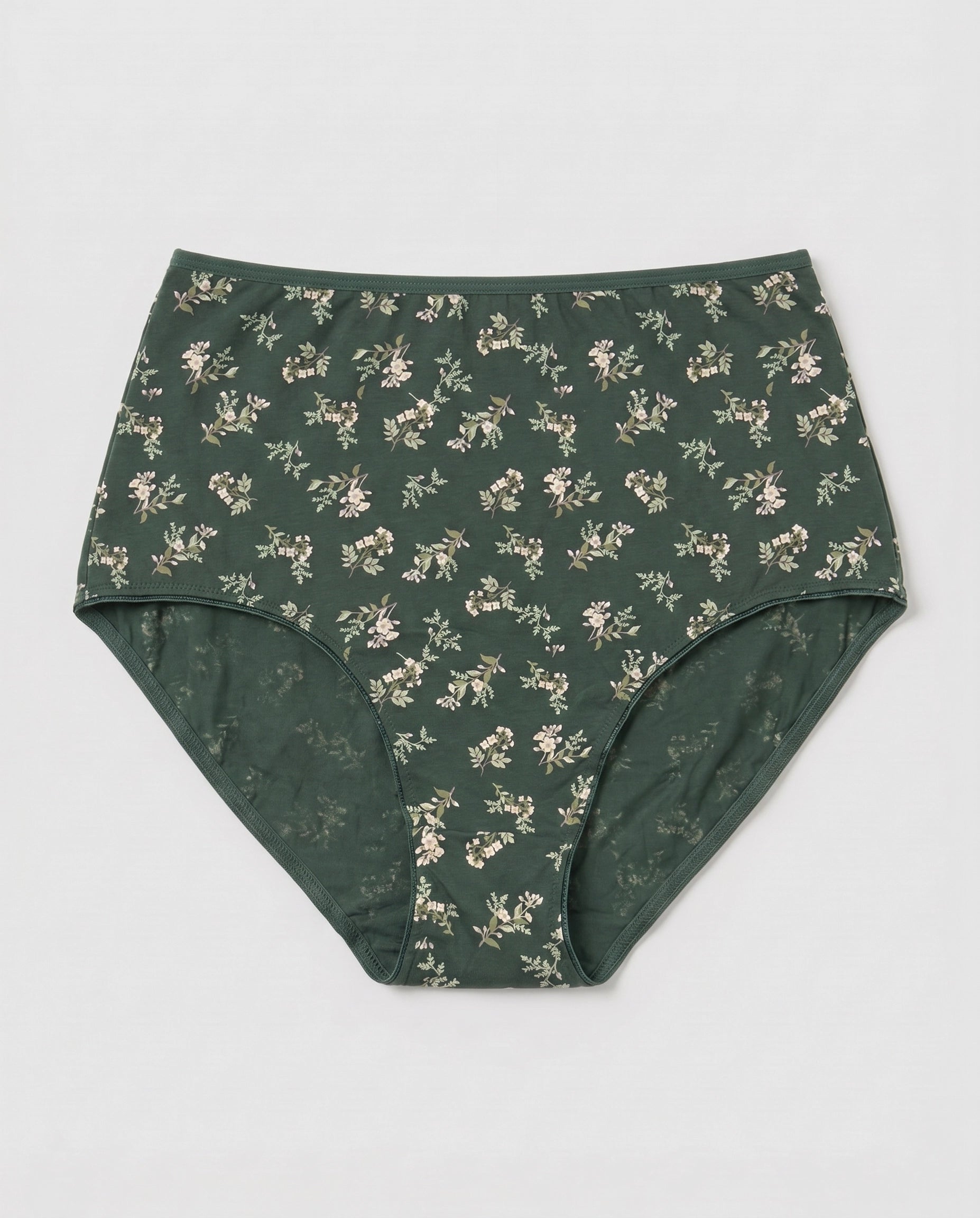 Forest green floral print high-waisted cotton brief women's full coverage