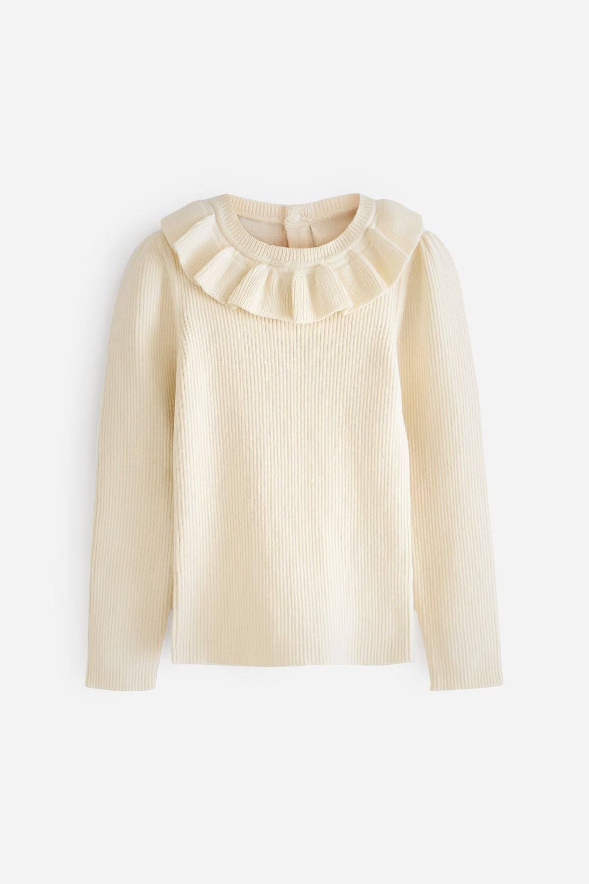 Girls Frill Neck Knit Jumper Cotton Fabric in beige color For winter