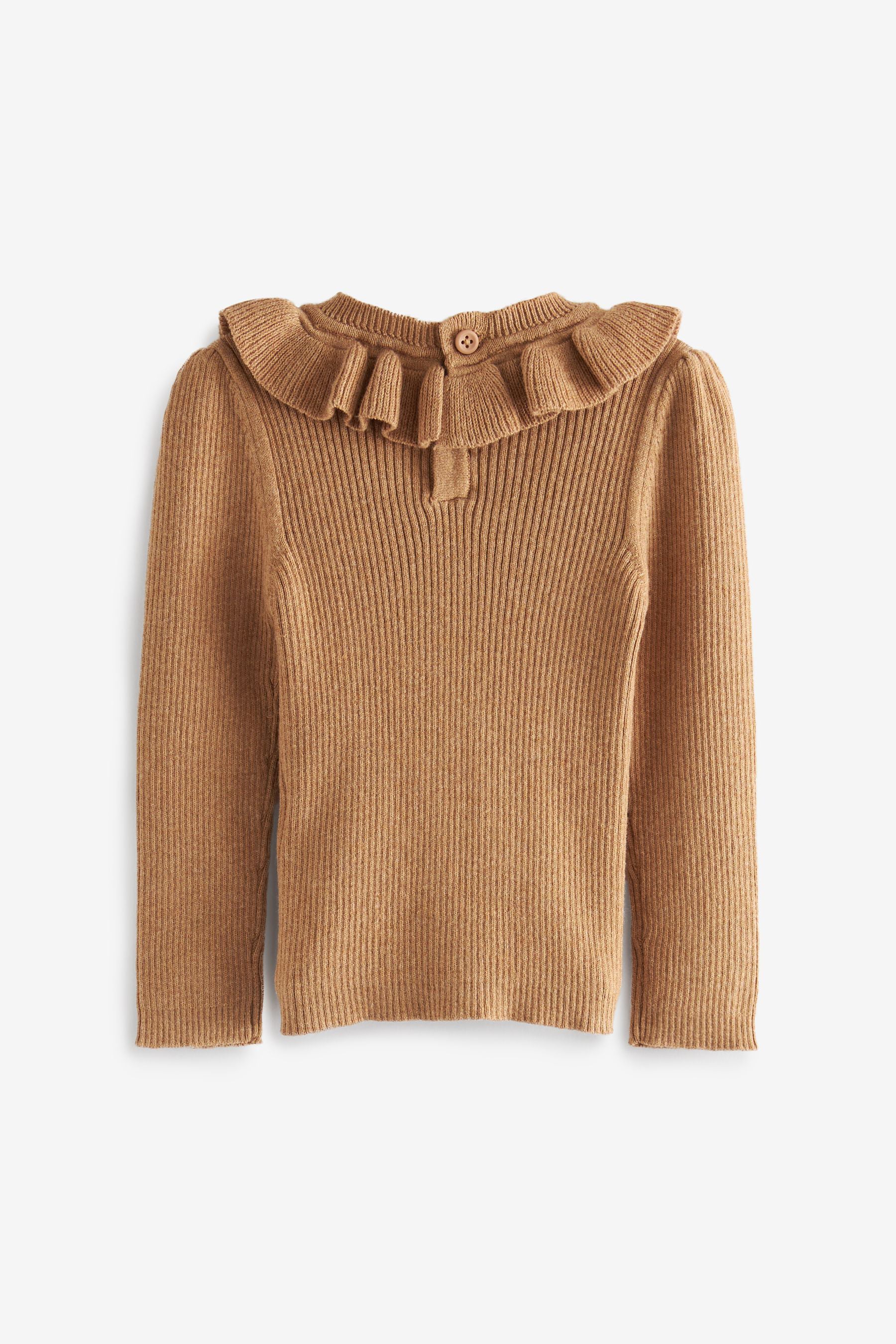 Girls frill neck Sweater Back side in cotton fabric and brown colour
