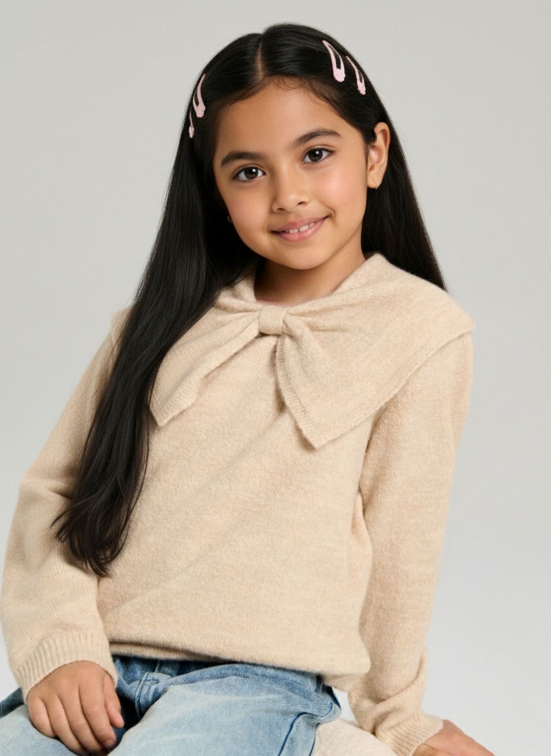 Girl's Beige Knit Sweater with Bow Collar