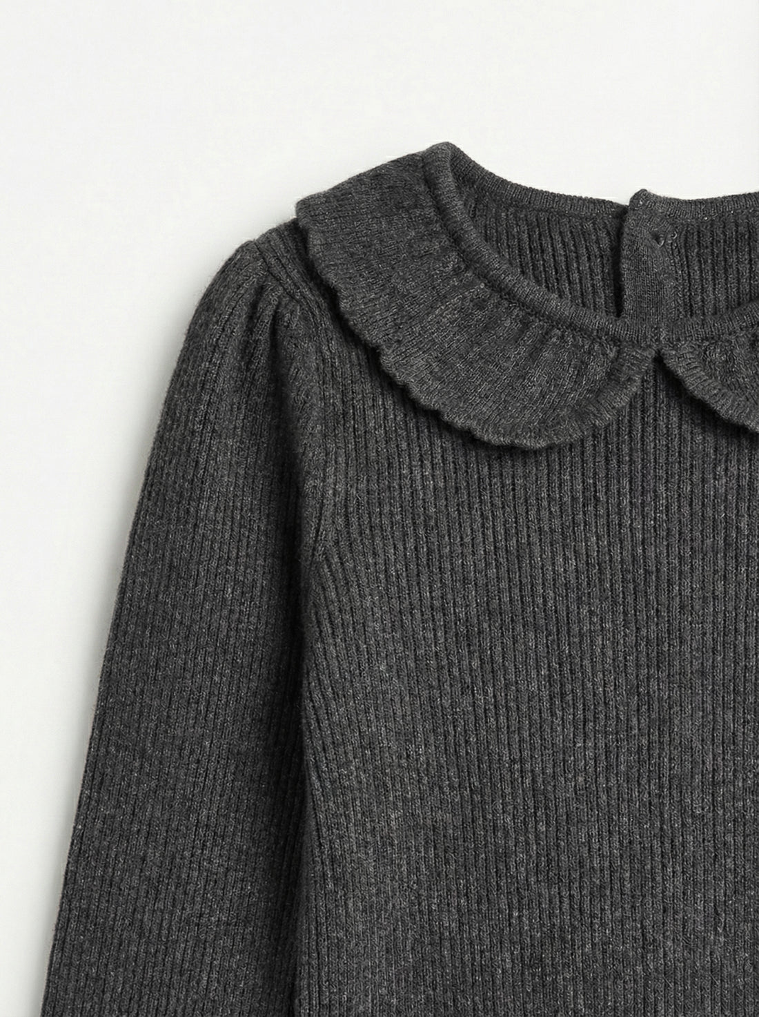 Toddler Girls’ Ribbed Knit Long Sleeve Top with Peter Pan Collar – Charcoal Black