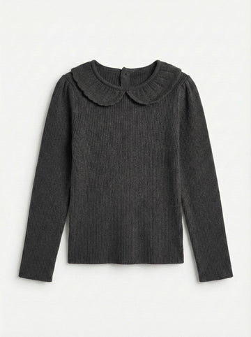 Toddler Girls’ Ribbed Knit Long Sleeve Top with Peter Pan Collar – Charcoal Black