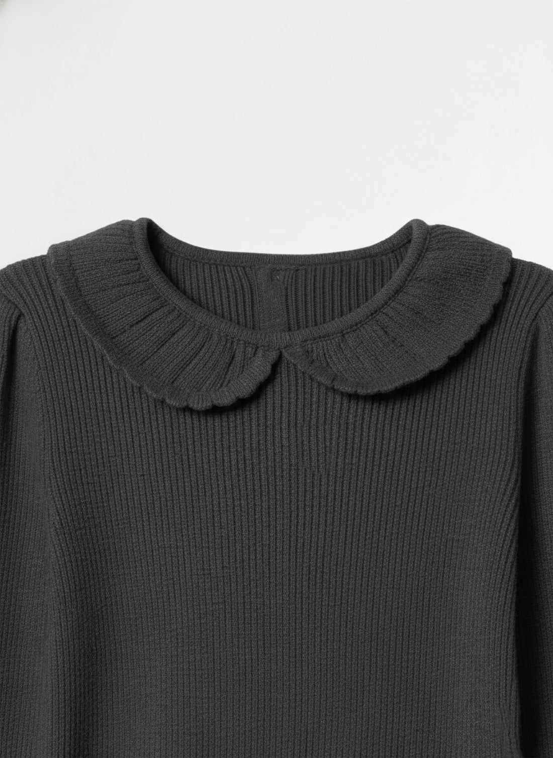 Toddler Girls’ Ribbed Knit Long Sleeve Top with Peter Pan Collar – Charcoal Black