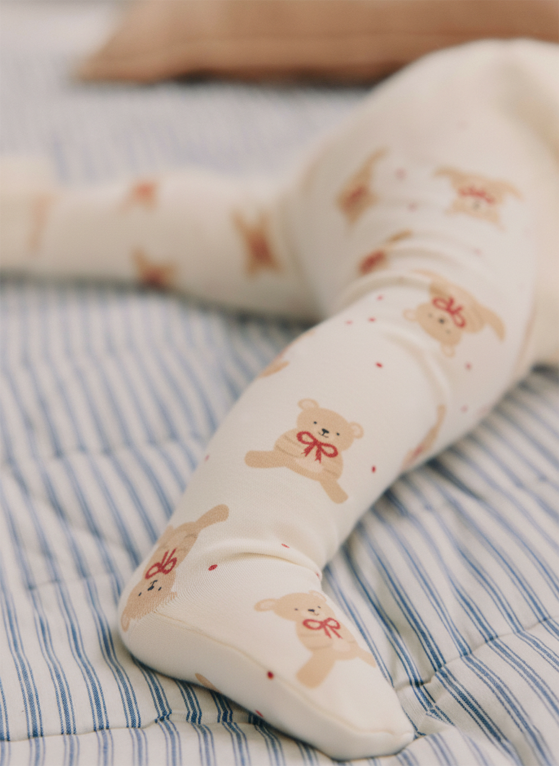 Cream Teddy Bear Print Cotton Baby Leggings