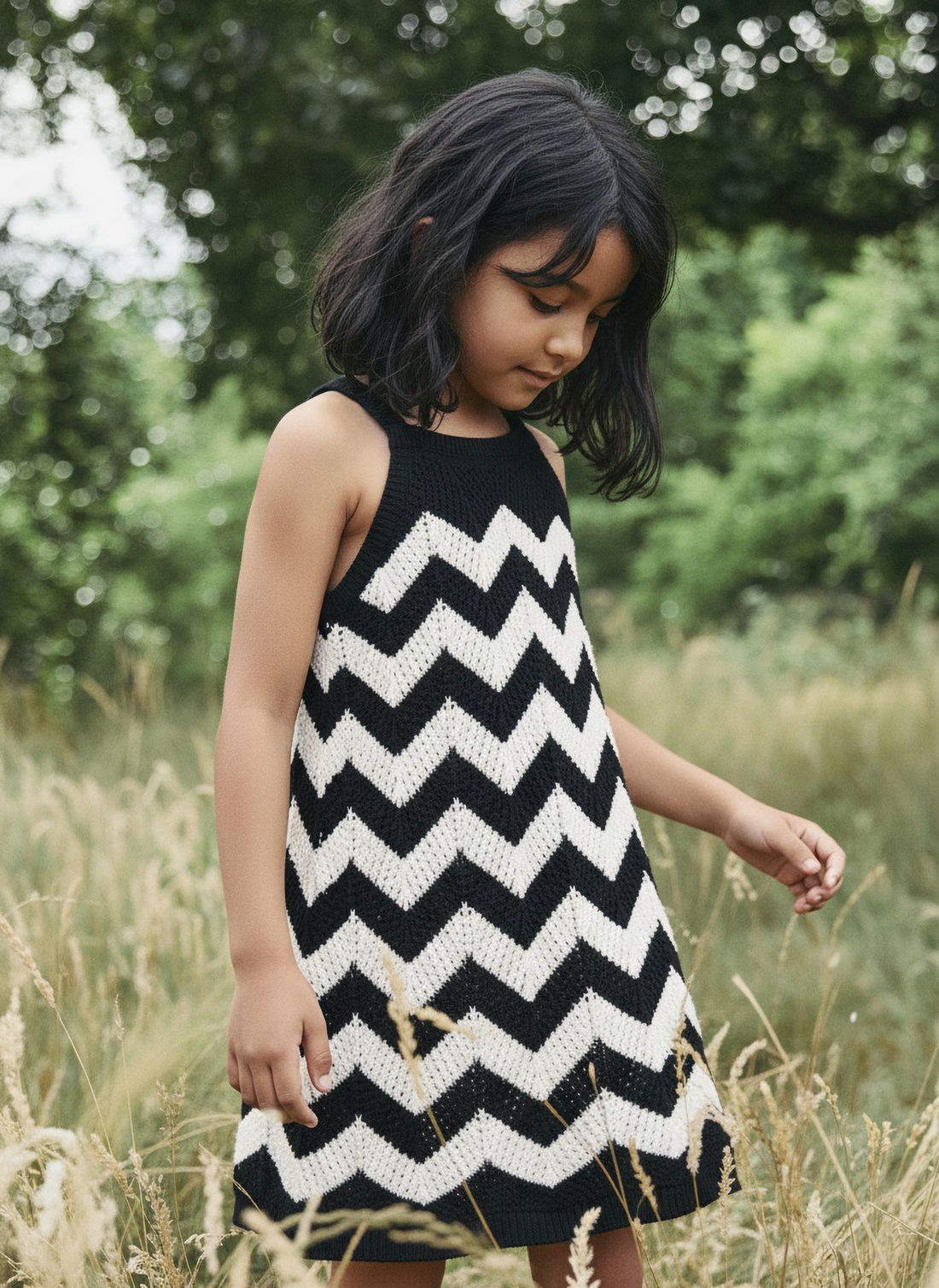 Young girl wearing a black and white zigzag dress standing in a field with greenery.