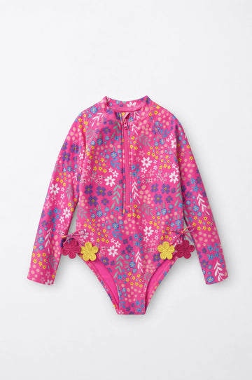 Girl's Floral Print Swimsuit  — Crochet Flower
