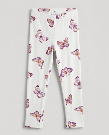 Girl's Ivory Butterfly Print Ribbed Leggings
