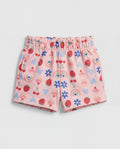 Front flat-lay view of girl's blush pink short pant with all-over multicolour strawberry, cherry, cupcake, rainbow, daisy and heart print and ruched paperbag elasticated waistband