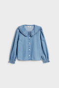PTex Fashion girls' light blue denim shirt with oversized ruffle collar, front flat lay