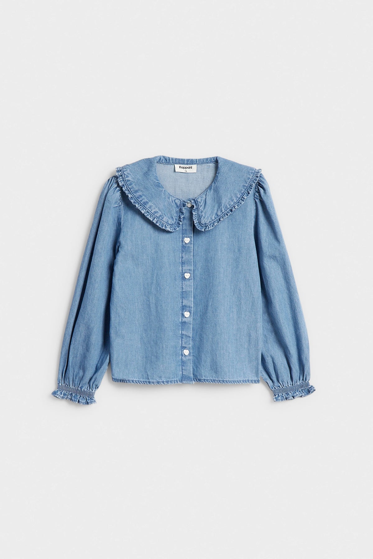 PTex Fashion girls' light blue denim shirt with oversized ruffle collar, front flat lay