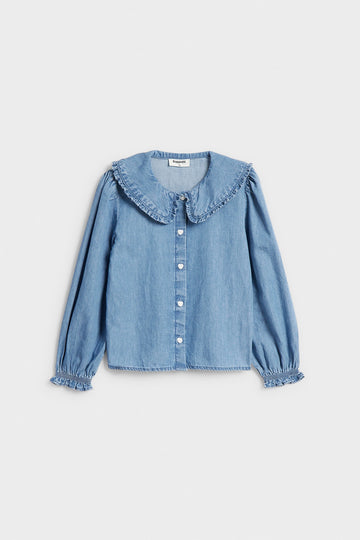PTex Fashion girls' light blue denim shirt with oversized ruffle collar, front flat lay