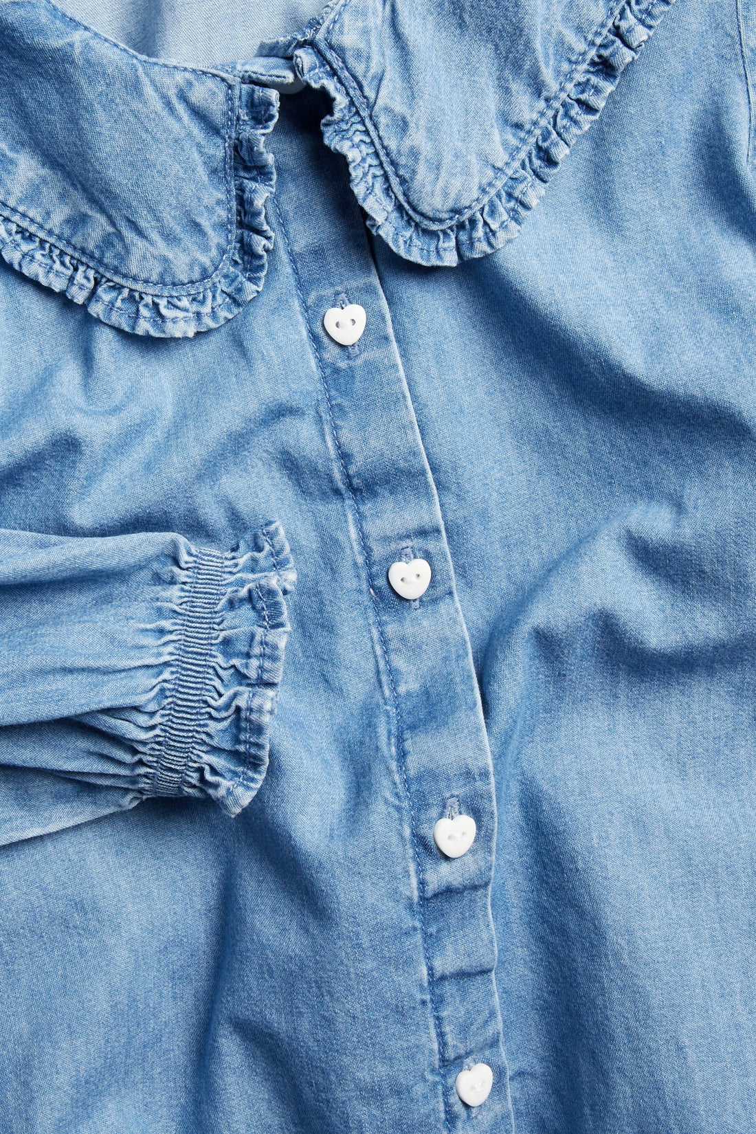 PTex Fashion girls' light blue denim shirt with oversized ruffle collar, front flat lay