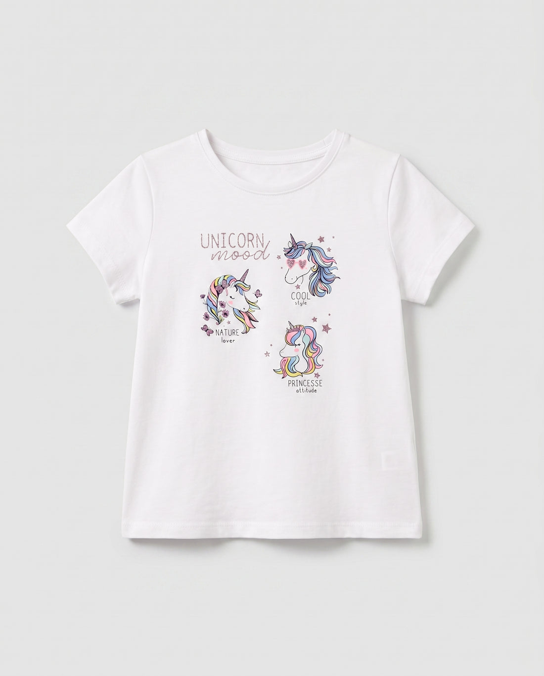 Girls' white short sleeve cotton t-shirt with three rainbow unicorns and glitter Unicorn Mood print