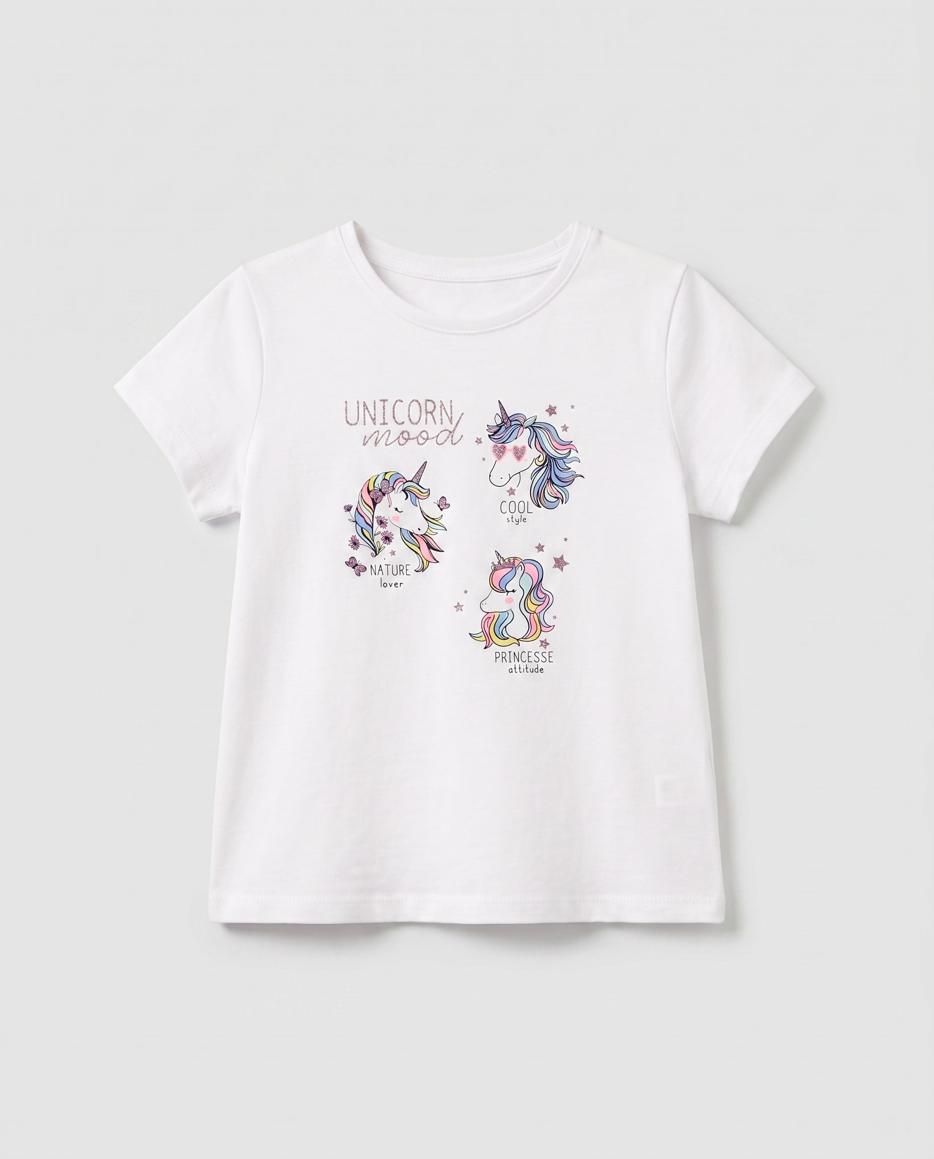 Girls' white short sleeve cotton t-shirt with three rainbow unicorns and glitter Unicorn Mood print